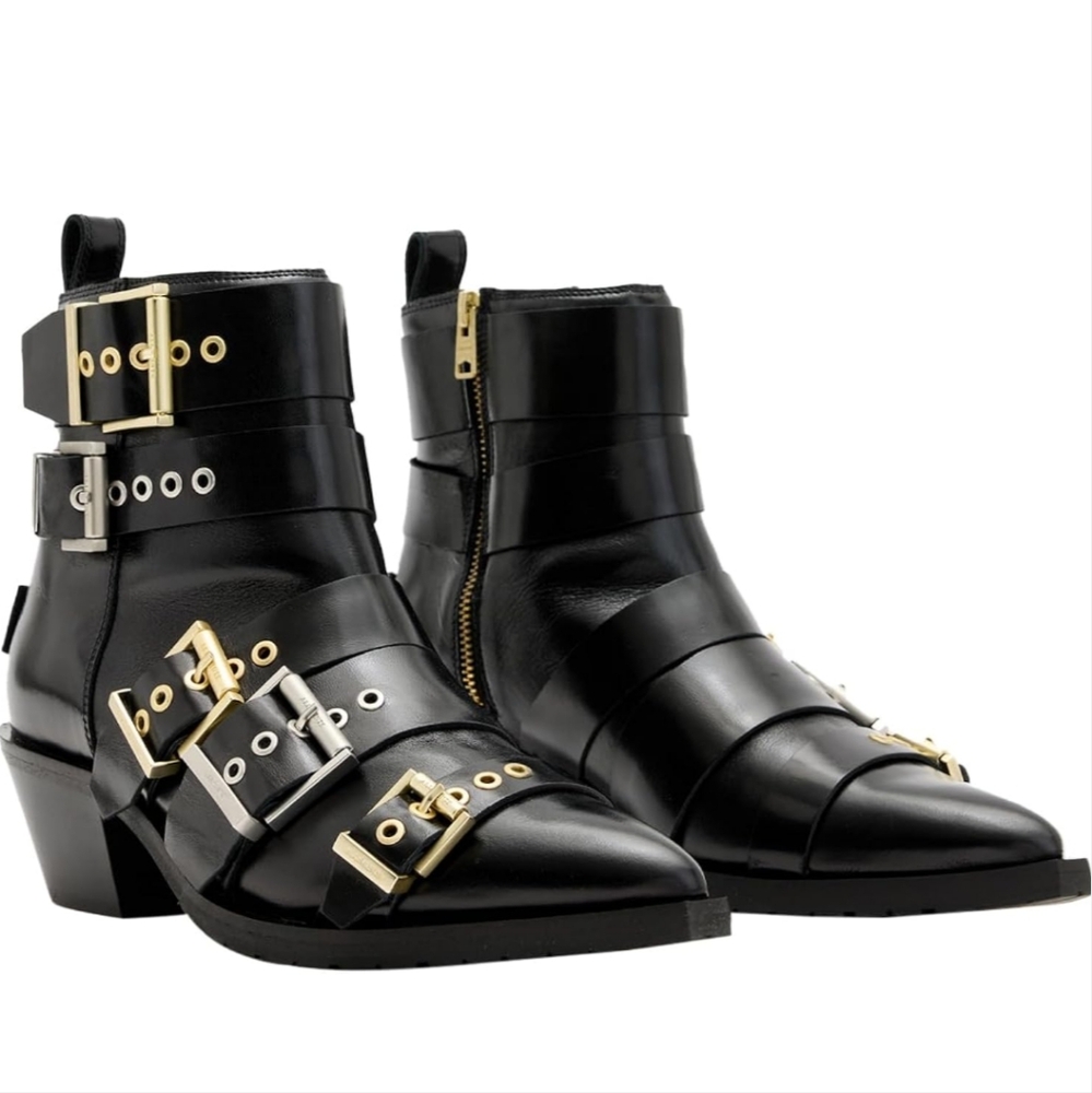 Black Leather Buckle Ankle Boots